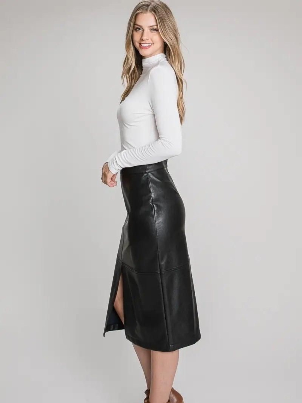 Sleek Black Faux Leather Pencil Skirt with Front Slit
